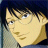 Pixelated anime-style portrait of a character with light brown hair and dark eyes, set against a dark blue background with a light gray vertical element on the left.