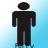 Pixelated figure with dark rounded head and long dark limbs against light blue gradient background