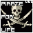 Pixelated icon with black background showing a skull and crossed swords, overlaid with white block text reading "PIRATE FOR LIFE".