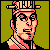 Pixel art portrait of a character with pinkish skin, black hair, and sunglasses against a solid green background.