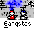 Animated contact sheet of 9 frames showing two cartoon characters in red and white outfits with blue hats against a brick wall background, each frame labeled "Gangstas" below the characters.