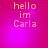 Pixelated text 'hello im Carla' on a pink-to-purple gradient background with subtle light effects.