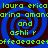Blue background with dark brown spiral patterns and green pixelated text repeating names and phrases.