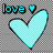 Two cyan hearts with black outlines on a gray checkered background; left heart has 'love' text and small heart above it.