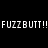 Black background with white pixelated text 'FUZZ BUTT!!' on left, beige curtain and dark cat silhouette on right.