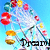 A Ferris wheel with red, yellow, and green passenger cars against a bright blue sky background.