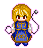 Pixel art character with blonde hair and red eyes holding a coiled whip, shown in three animation frames on gray background.