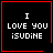 Four black square with red borders display white pixelated text reading "I LOVE YOU ISUDiNE"; two have small red symbols in the bottom-right corner