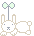 Pixel art animation of a white bunny with light brown accents lying on its belly, holding a sprouting plant that changes shape across four frames.
