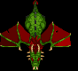 Green dragon with red wings and red eyes, shown in four sequential poses against black background.