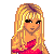 Pixel art contact sheet showing a blonde female character in various poses with red crop top, blue jeans, and