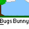 Animated contact sheet of a pixel art Bugs Bunny character in various poses with speech bubbles, set against a blue sky and green landscape background.