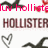 Animated icon with repeated 'HOLLISTER' text, pink 'luv hollisterems wit' and 'dn't think s' text overlays, black wave-like shapes, gray heart outlines on white background.