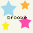 Four pixelated stars in blue, orange, yellow, and pink surround the word 'brooke' on a light background.