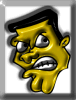 Yellow cartoon head with black hair, white eyes with gray pupils, and a wide open mouth showing teeth in four