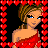 Pixel art buddy icon featuring a woman in red dress with heart border, partial view of another figure in red top and white skirt on right side.