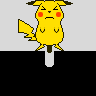 Pixelated yellow Pikachu with red cheeks and black-tipped ears appears in multiple poses on a gray and black striped background with red text reading "Pika-Poo" at bottom right.