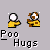 Two pixelated figures in yellow and brown outfits with white circular heads stand side-by-side above text reading 'Poo Hugs' on a gray background.
