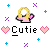 Pixel art of a blonde character in pink clothing with white face, surrounded by hearts and colored crosses on gray background.