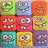 nine pixelated square icons with smiling faces on colored backgrounds, accompanied by pink text phrases on blue and gray