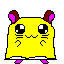 Four pixel-art hamster-like characters with yellow bodies, pink inner ears, and brown outer ears in various poses against a gray background.