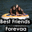 Two people in swimwear sit on a yellow and white inflatable raft floating on dark water, with text reading "Best Friends Forevaa" overlaid.