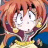 Anime character with orange hair and wide eyes in a blue and yellow outfit, next to black background with white text.