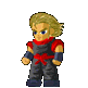 Pixel art character with blonde hair and red-black clothing performing fire-based attacks in multiple animated poses.
