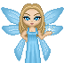 Pixelated fairy icon with blonde hair, blue eyes, and light blue dress holding sparkles in four variations.