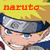 Pixelated anime-style character with spiky yellow hair, blue eyes, and a silver headband; orange text 'naruto' above the head on a yellow background.