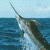 A swordfish breaches ocean water against a light blue sky, with green text reading 'Original Icons .com' on the right side.