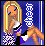 Pixel art icon of a blonde cheerleader in a white and purple uniform with checkered skirt, standing against blue background with vertical stripes and stylized text.