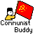 Pixel art icon of a figure holding a red flag with yellow hammer and sickle symbol, below text reading 'Communist Buddy' on gray background.