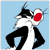 Pixelated cartoon character with black and white body, red circular eye, blue background, and dynamic pose suggesting movement or action.