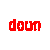A 5x5 contact sheet of red animated text and shapes on a gray background, showing the word 'doom' transforming into abstract patterns across multiple frames.