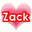 Pink heart-shaped icon with red text 'Zack' and a white plus sign on the right, all over a white background.