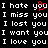 A black background displays white pixelated text in a , with one instance of 'you' containing red heart-shaped pixels replacing the letter 'o'