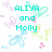 Pixelated turquoise text reads 'ALIYA and Molly' above 'Bffs for LIFE!' on a white background with pastel heart and butterfly shapes.