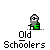 Pixelated character in green shirt with white head, showing multiple poses and text labels 'Old Schoolers' and 'NEW' on gray background.