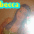 A person with long dark hair in a green top appears across four , with text overlays changing from 'becca' to '<3'