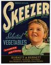 Vintage-style advertisement icon featuring a smiling girl in a green dress with white collar against dark blue background, displaying prominent 'SKEEZER' text and vegetable branding.