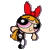 Pixelated cartoon character with red bow, blonde hair, black eyes, pink cheeks, and yellow dress running against gray background.