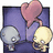 Pixelated image with two cartoonish heads holding a pink heart against a purple background, surrounded by text reading 'funny when i first saw you...' and '...it started feeling ...and now look at it'