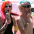 Two people with red and blue hair stand side-by-side, one holding a microphone; text reads "JEFFREE AND DANIEL" with a heart symbol.