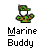 Pixelated icon of a figure in camouflage attire with a green cap, white face, and outstretched arms, below text reading 'Marine Buddy' on gray background.