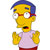 Pixelated character with yellow skin, blue hair, red glasses, and a light purple shirt against white background.