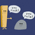 A pixelated character with a yellow body and black eyes stands against a dark blue background, holding a speech bubble with indistinct text.