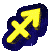 Yellow Sagittarius symbol with blue outline on gray background, animated through four distinct poses showing rotation and perspective shifts.