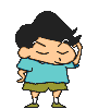Six pixelated cartoon character poses in a , each with black spiky hair, light blue shirt, green shorts, white socks, and green shoes against gray background