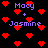 Pixel art featuring repeated text 'Macy + Jasmine' in purple with red hearts on a black background.